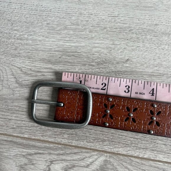 Leather Embossed Studded Cutout Floral Belt Women's Brown Wester Country Casual - Picture 9 of 10